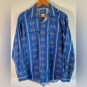 Vintage Wrangler Brushpopper Shirt L Pearl Snap Western Rodeo Cowboy Aztec Blue